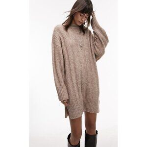 Topshop Brown Knit Funnel Neck Wide Ribbed Oversized Mini Sweater Dress Size XS